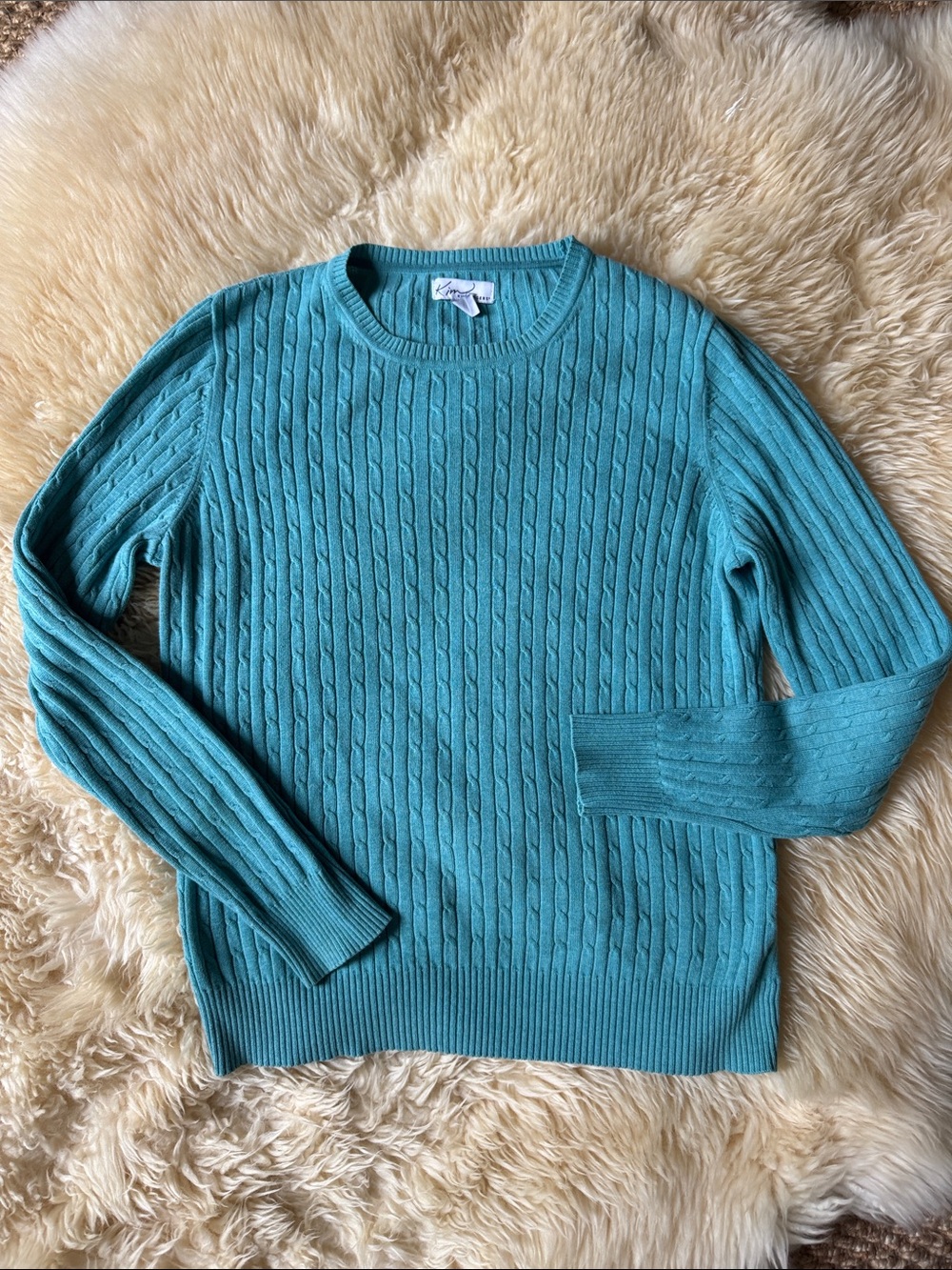 Kim Rogers Aqua Classic Cable-Knit Pullover Sweater Size Medium 100% Cotton